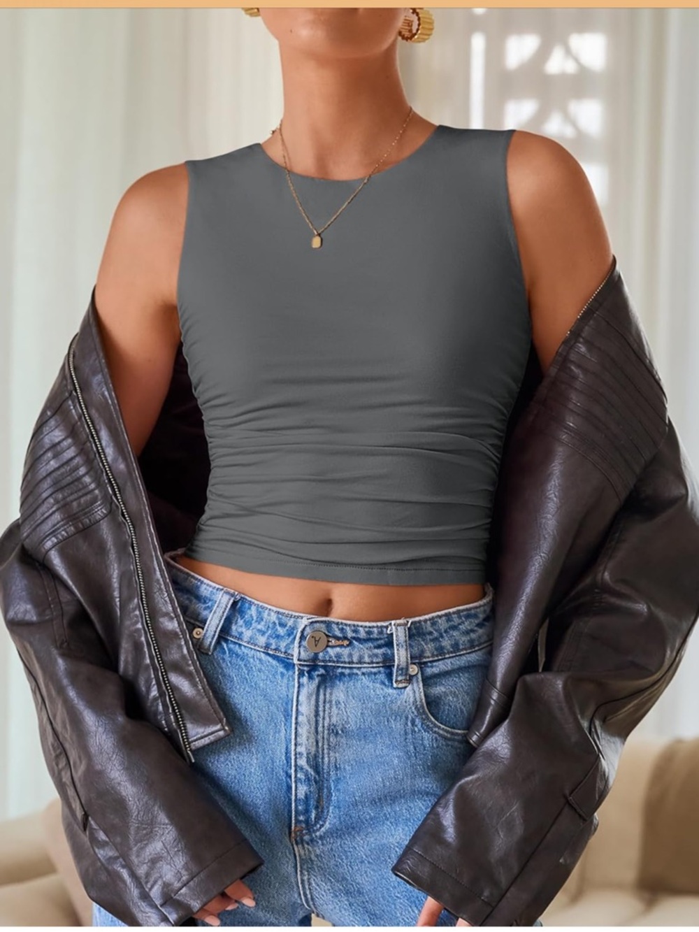 NWT Zesica Sleeveless Ruched Waist Tank Top - Charcoal
